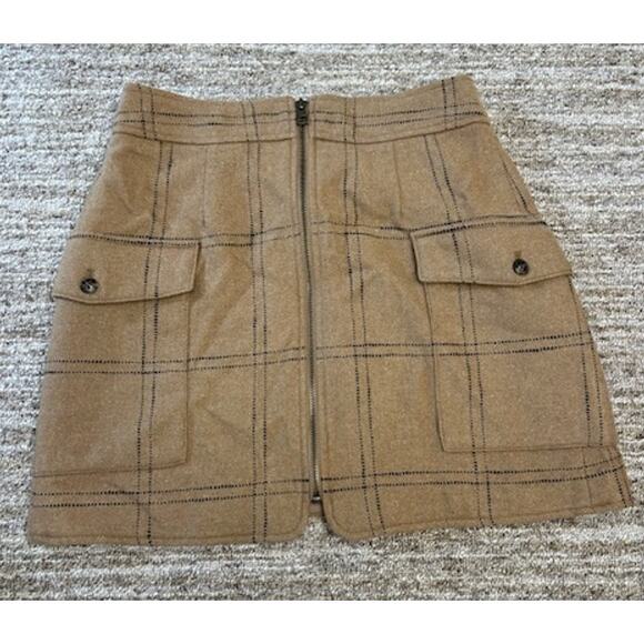 Madewell  Tan Zip-Front Cargo Wool Blend In Windowpane Lined Mini Skirt Size 4 - Picture 1 of 8